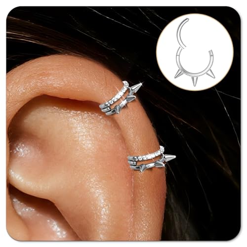 Small Cartilage Double/Triple-Hoop Helix Conch Piercing Earrings With Cubic Zirconia For Women Trendy 14K Gold Plated Titanium Surgical Stainless Steel Sets Nose Rings Hoops Septum Rings - color: Silver, style: D-4Pairs-16Gauge-Double CZ hoop