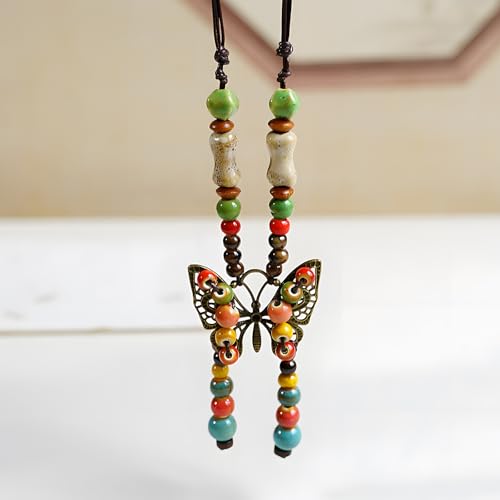 Boho Necklace for Women,Vintage Butterfly Pendant Necklaces,Adjustable Wooden Beads Layered Braided Choker,Fashion Tribal Style Leather Rope Necklace Jewelry,Chunky Statement Gift for Women - color: Colorful3