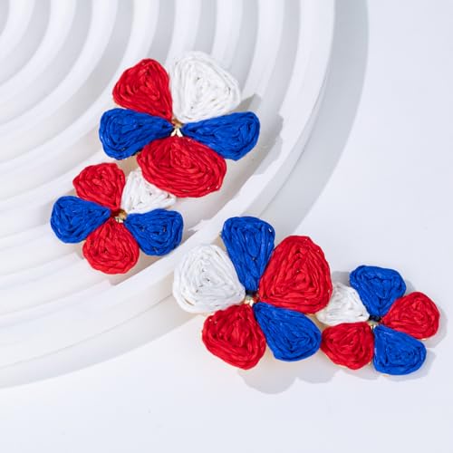 Boho Flower Earrings Statement Raffia Dangle Earrings Cute Floral Jewelry Trendy Summer Beach Vacation Outfits for Women - color: Red/White/Blue