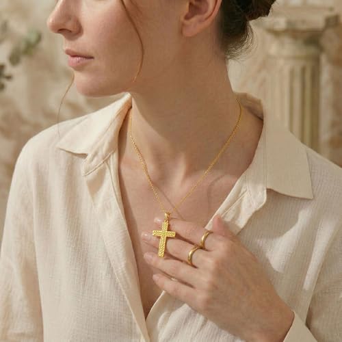 14K Gold Cross Necklace Gold Cross Pendant Necklace Christian Faith Jewelry Gifts for Women - style: F-Leaf Cross