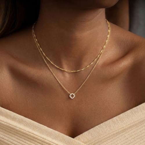 Dainty Gold Necklaces for Women Trendy Non Tarnish 14K Gold Plated Cubic Zirconia Necklace Layered Simple Cute Four Leaf Clover Choker Jewelry Birthday Gifts - color: Gold, style: Layered Small CZ