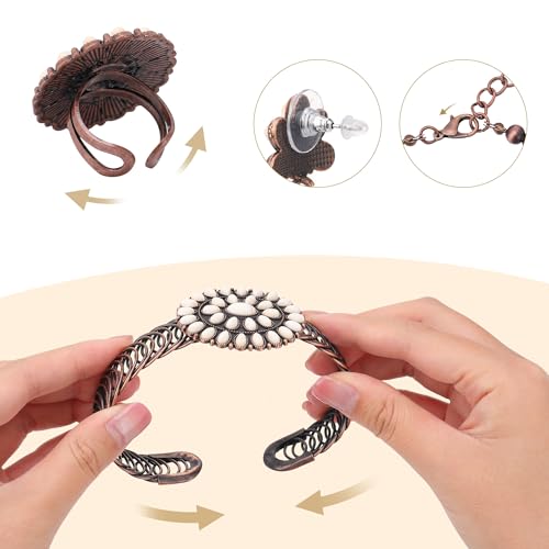 4 PCS Western Turquoise Jewelry for Women Boho Vintage Navajo Pearl Necklace Earring Bracelet Ring Set Country Cowgirl Accessories for Gift - color: B-White