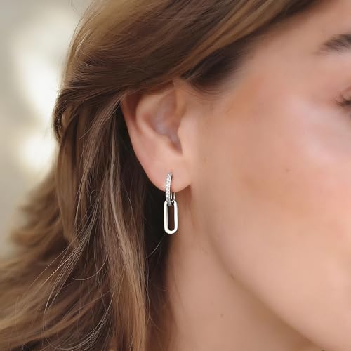 MILACOLATO 925 Sterling Silver Hoop Earrings for Women 18K Gold/Rhodium Plated Drop Dangle Hoop Earrings with Charms Cross Spike Moon Star Paperclip Link Statement Earrings Convertible Link Huggie Earrings Hypoallergenic - color: Silver Tone : Hoop with C