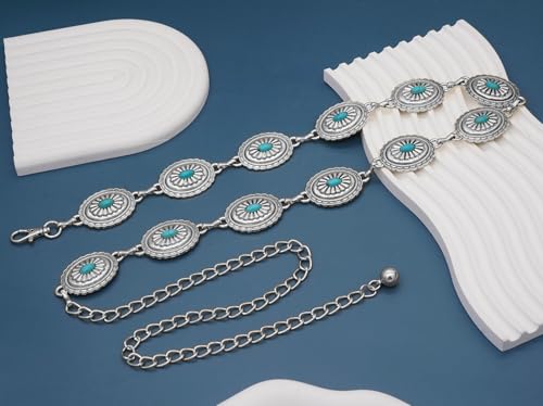Women Western Chain Belt Adjustable Turquoise Metal Waist Chain Boho Chain Link Belt for Jeans or Dresses - color: Turquoise Silver, size: XL: 59 in/150 cm