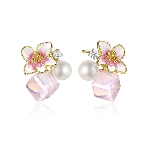 Pink Flower Earrings for Women, 925 Sterling Silver Stud Earrings, Cute Plumeria Earrings For Women, Cherry Blossom Hypoallergenic Stud - color: Pink Crystal Cherry Blossom