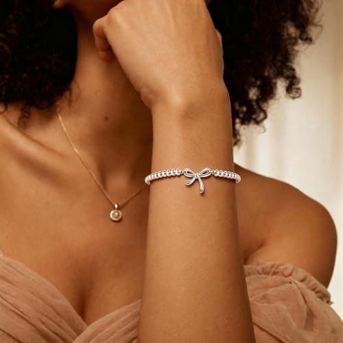 Elastic Beaded Charm Bracelets for Women - Adjustable Stackable Dainty Bracelet with Gold or Silver Charms, Jewelry Gift for Her - style: Silver-Bow