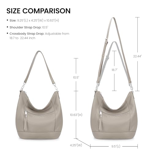 befen Genuine Leather Crossbody Hobo Purse for Women Soft Lightweight Leather Handbags with 2 Removable Straps - color: Beige Grey