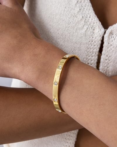 PAVOI Waterproof Bracelet for Women - 14K Gold Plated Bangle with Cubic Zirconia - Stainless Steel Hinge Bracelet Jewelry Gifts - color: White Gold, size: 7 Inches