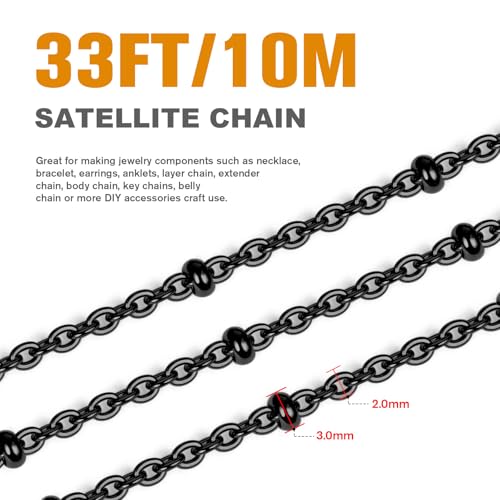33 Feet Gunmetal Satellite Chains Bulk, 2mm 304 Stainless Steel Black Ball Beaded Cable Links Chain Roll Spool for Jewelry Making DIY Craft - color: Black Small Beads Satellite Cable Chain
