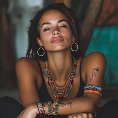 SPUNKYsoul Colorful Boho Multistrand Beaded Necklace — Layered Seed Beads in Black, Gold, Red, Teal and Navy for Effortless, Free-Spirited Style Varies 16-20 inches with 3 inch Extension Chain - style: "Zura" Teal Red Gold
