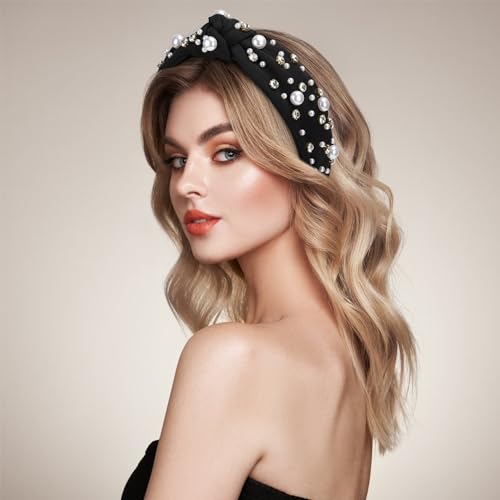 WantGor Pearl Knotted Headband, Women Rhinestone Embellished Hairband Elegant Wide Top Knot Bride Headbands Headpieces Party Fashion Elegant Ladies Hair Band Hair Hoop Accessories (Black) - color: Black