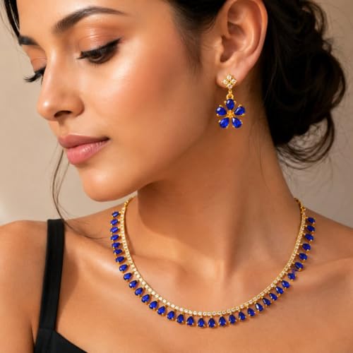JewarHaat Indian Bollywood Necklace Set AD CZ Elegant Gold Plated Multi Stones Sparkling Crystals Choker with Earrings Fashion Jewellery for Women & Girls - color: Blue