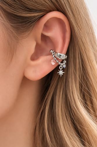 Silver Star Cartilage Huggie Earrings for Women – Crystal Celestial Charm Beaded Chain Dangle Helix Piercing Hoop Earrings, Pink Blue Y2K Vintage Trendy Jewelry Gift - color: 1PCS Silver Star