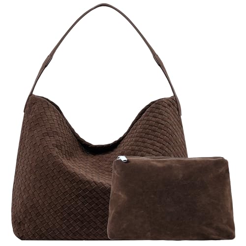 Leather Woven Tote Bag for Women, Vintage Suede Woven Hobo Bag, Large Crossbody Shoulder Slouchy Handbag - color: Coffee
