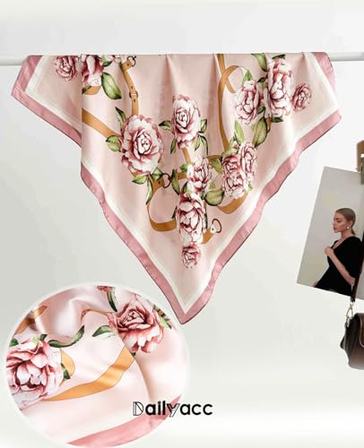 Dailyacc Hair Bandanas Scarf For Women Lightweight Fashion Neck Silk Satin Head Scarves For Sleeping Handbags Scarf - color: 22-pink Flowers/27.5*27.5in