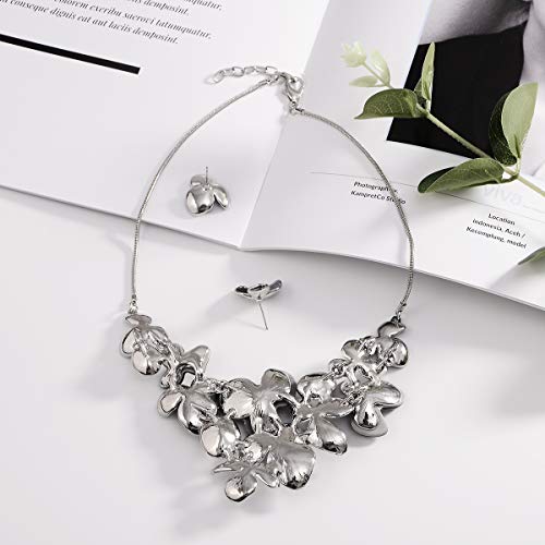 AMYJANE Vintage Statement Jewelry Set - Spring Leaf Flower Floral Plant Necklace Earring Set Crystal Rhinestone Fashion Costume Jewelry for Women Prom Party Unique Gift - style: meilian flower jewelry set grey