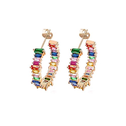 Savlano 14K Gold Plated Cubic Zirconia Multicolor Rainbow Round Hoop Stud Earrings for Women Comes with a Gift Box - color: Rose Gold