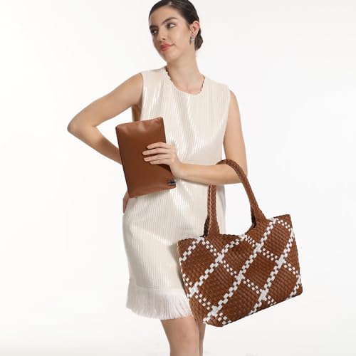 Woven Tote Bag Womens Purse Vegan Leather Shoulder Handbags Fashion Summer Beach Tote Bags Large Travel Totes - color: Brown-w