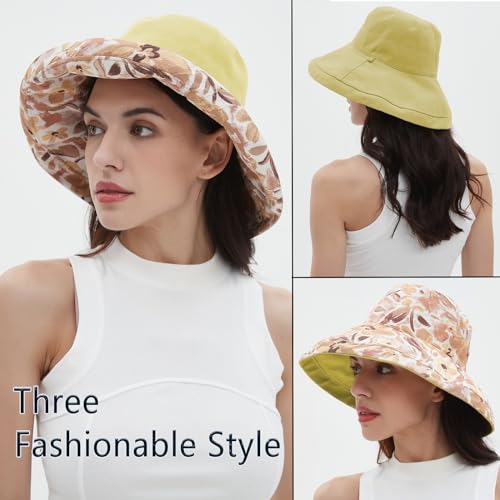 vidsel Womens Sun Hats Wide Brim Reversible Bucket Cotton Hat Packable Summer Travel Cap with Hat Clip,UV Protection - color: Yellow, size: Medium