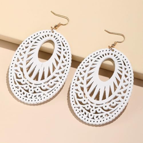 Boho Wooden Cutout Dangle Earrings for Women Bohemian Teardrop Oval Hollow Floral Pattern Drop Earrings Colorful Lightweight Statement Party Jewelry - color: White