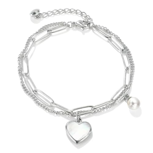 Emibele Heart Charm Bracelet for Women, Bible Verse Bracelet Stainless Steel 18K Gold Plated Bracelet Love Pendant Link Chain OT Clasp, Birthday Christmas Jewelry Gift for Mother Her - color: Silver 2