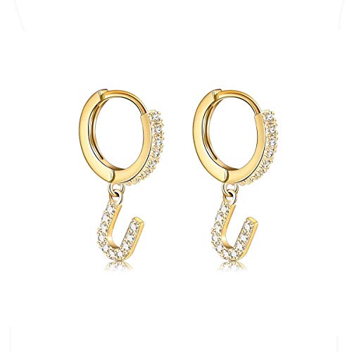 14K Gold Plated Cubic Zirconia Initial Earrings Delicate Small Hoop Earrings Hypoallergenic Letter Earrings for Women - style: U