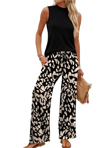 WIHOLL Two Piece Set for Women Summer Spring Outfits Cruise Travel Airport Beach Vacation Mock Neck Wide Leg Pants Set - color: Black Print, size: X-Large