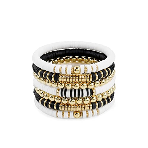 Elegance 11 designs Heishi Beaded Bracelets For Women Polymer Clay Colorful Surfer Stackable Beads Boho Bracelet Summer Beach Jewelry - color: Black And White