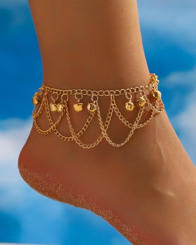 Gold Bell Anklets for Women Dainty Boho Bell Charm Ankle Bracelets Trendy Adjustable Tinkle Bell Anklets Summer Beach Chainlets Hawaiian Foot Jewelry Accessories