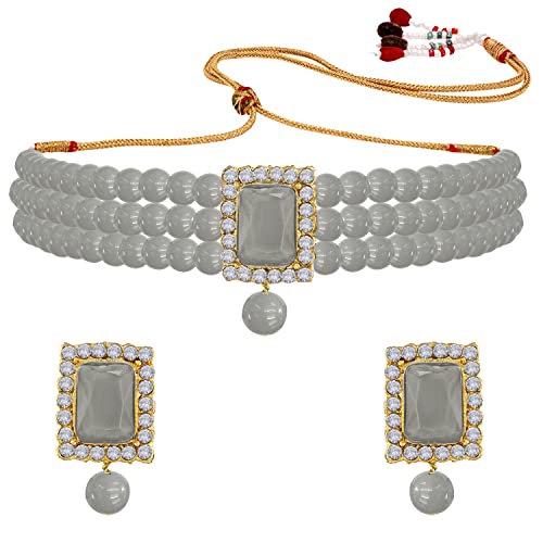 Aheli Ethnic Choker Necklace Earrings Wedding Bollywood Party Jewelry Set Gift for Women - color: Grey