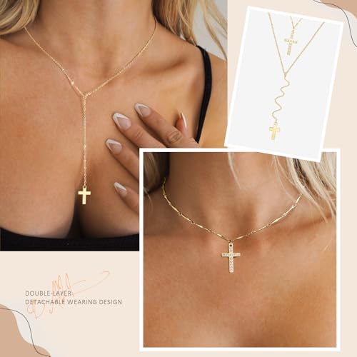 DALI Long Gold Necklaces for Women, Dainty Layered Sterling Silver Plated Y Shaped Necklace Stack Non Tarnish Cross CZ Pendant Long Chain Choker Adjustable Necklaces Jewelry for Vacation Christmas - color: Gold Cross Long Necklace