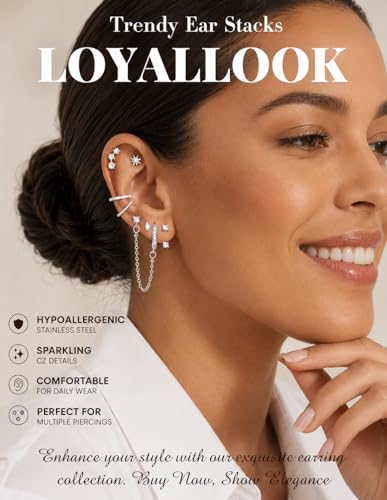 LOYALLOOK Hypoallergenic Flat Back Stud Hoop Earrings for Women, 14K Gold Plated Surgical Steel Earring Stacks Set for Sensitive Ears, Dainty Dangle Chain Silver Cartilage Earring Trendy Piercing Jewelry - color: Silver-cuff