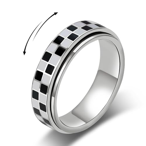 AmorArtSky Checkered Fidget Ring for Adults - 18K Gold Plated Stainless Steel Rotating Spinner Jewelry, Anxiety & Stress Relief Gift for Women/Men (Black and White Pattern) - color: Checkerboard Ring_Silver
