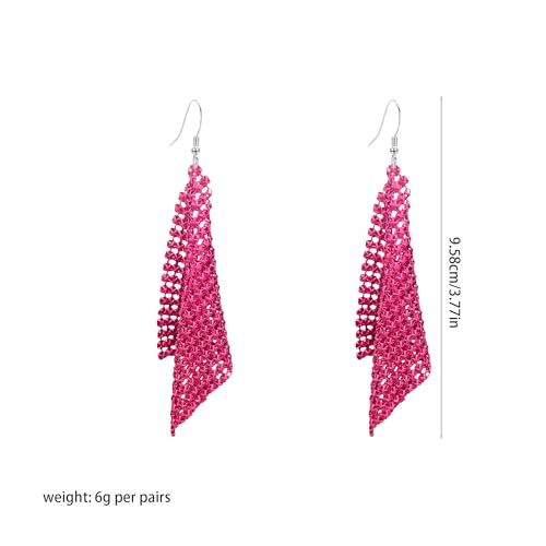Sequin Earrings for Women Metal Mesh Grid Sequins Tassel Long Drop Dangle Earrings Trendy Charms Bridal Wedding Jewelry - color: Rose Red