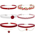 Nova&Aria Chokers Set For Women Heart Choker Necklaces Flower Pendant Velvet Cute Pink Turquoise Blue White Black Choker Necklace Christmas Colorful Lace Chokers - color: Red-A