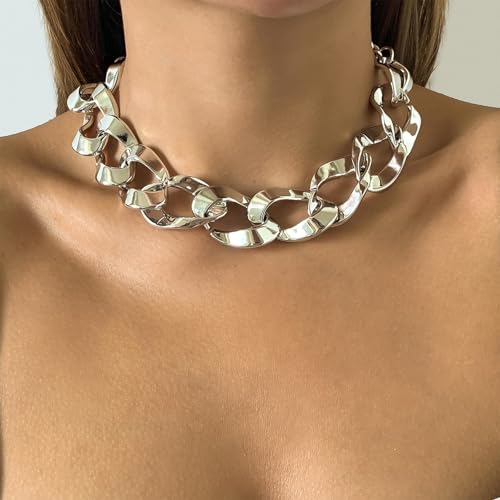 Long tiantian Chunky Gold Necklace Stack Chain Necklaces for Women Statement Layered Paperclip Choker Necklaces Statement Necklace for 80s 90s & Night Out Outfits Paperclip Style Fashion Jewelry - color: B2：Style P-Silver Chain