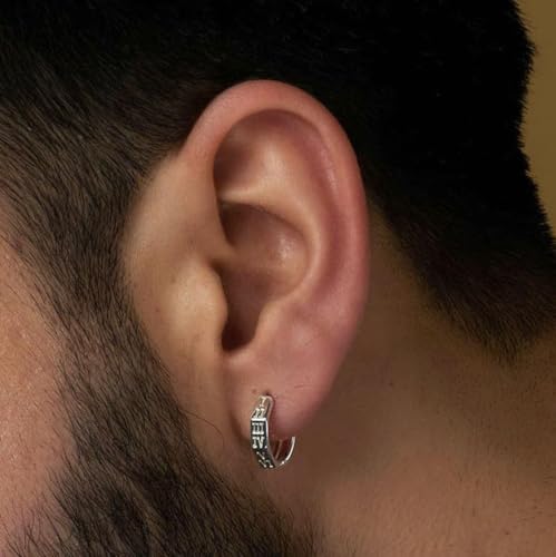 LeCalla 925 Sterling Silver Small Huggie Hoop Earrings for Men | Retro Style Engraved Roman Number Geometric Hoops Earring 15MM