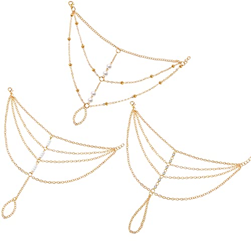 MTLEE 3 Pieces Ring Bracelet Hand Chain Gold Layered Finger Ring Hand Chains Tassel Stackable Bracelets for Women Fashion Body Jewelry Adjustable Gifts for Her 3 Styles
