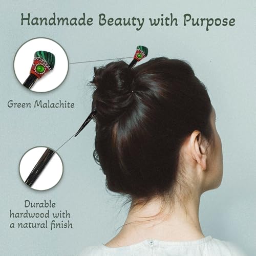 Mia Jewel Shop - Natural Tumbled Healing Gemstone Crystal Chonta Wooden Hair Sticks – Handmade Hair Sticks for Women | Hair Pins Boho Reiki Accessories, Fashion Gifts (Green Malachite) - color: Green Malachite