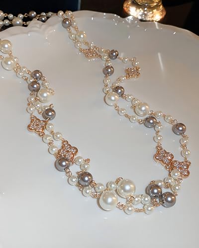 Long Pearl Necklace for Women, 8mm Simulated Pearl Strand Necklace, Layered Multi Strand Gold Beaded Necklace, 58" No Clasp Wrap Necklace Vintage Costume Jewelry Gift - style: 01-Long pearl necklace-Grey