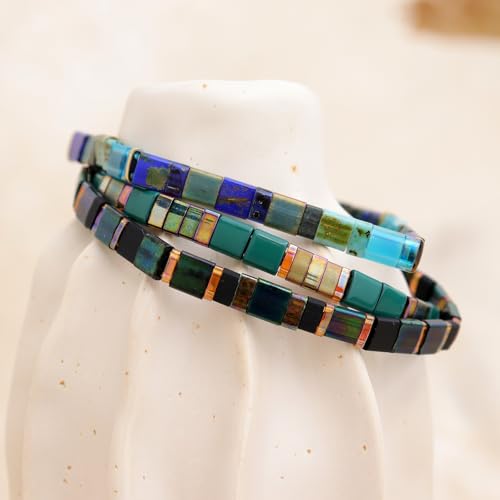 Sonateomber Tila Flat Beaded Stretch Stack Bracelets Set for Women, Trendy Stackable Colorful Glass Square Beads Bracelet Friendship Accessories Jewelry Gift - color: Golden Brown Malachite Crystal Green Purple Black