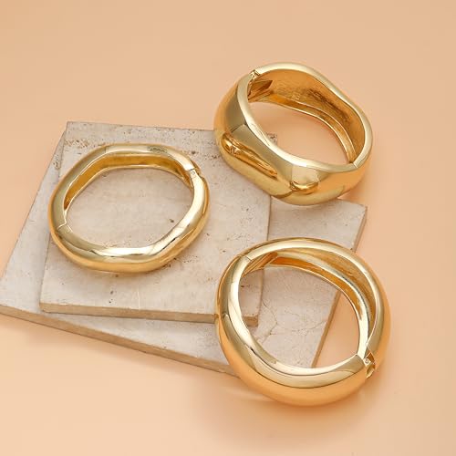 Akeoqi 3Pcs Chunky Gold Bangles Bracelets for Women 14K Gold Plated Irregular Hinged Cuff Bracelets Set Trendy Minimalist Wide Wire Twist Open Stack Bracelet Jewelry Gift - style: Bangle-3