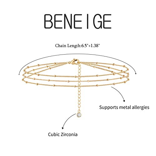 BENEIGE Women Bracelet 14K Gold Plated Paperclip Satellite Bead Ball Oval Cuba Cable Box Chain Daily Charm Layered Link Silver Bracelets Adjustable Jewelry - style: 3 Layered beads GD