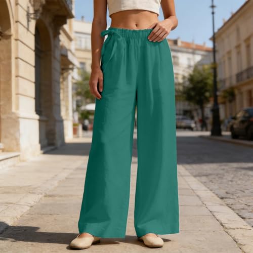 JiXiang Women's Palazzo Pants Wide Leg Boho High Waisted Side Drawstring Lounge Trousers Flowy Casual Loose Lightweight Pants - color: 1-green, size: 3X-Large