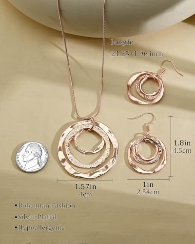 Hypoallergenic Silver Circle & Dangle Earrings and Necklace Set for Women Geometric Boho Style Hoop Jewelry for Women-Lightweight & Dangling-Gift for Bohemian Fashionistas - color: Rose Gold