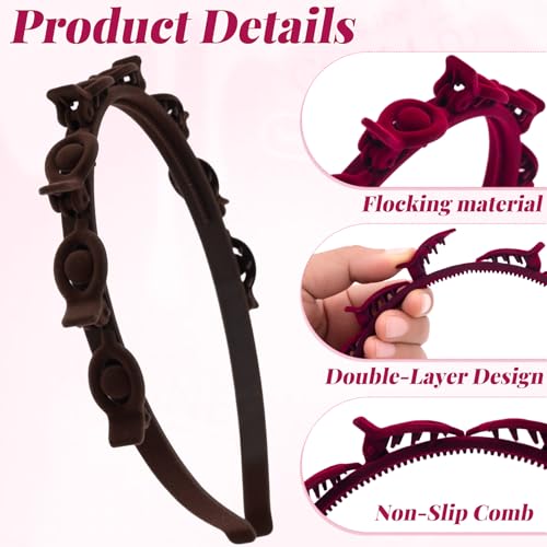 3 Pcs Headband with Clips, 90s Butterfly Hair Clips Headband with Teeth for Women, Braided Weave Bangs Non-Slip Clip Headbands Hair Accessories for Styling Decoration- 3 Colors - color: 1 Pcs Flocked Red, 1 Pcs Flocked Black, 1 Pcs Flocked Dark Brown