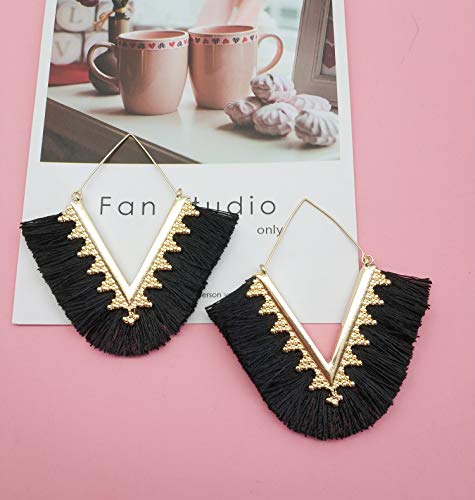Tassel Hoop Earring Statement Thread Dangle Earrings Stylish Long Fringe Drop Earrings Lightweight Long Swingy French Hook Earrings for Women - color: A Black