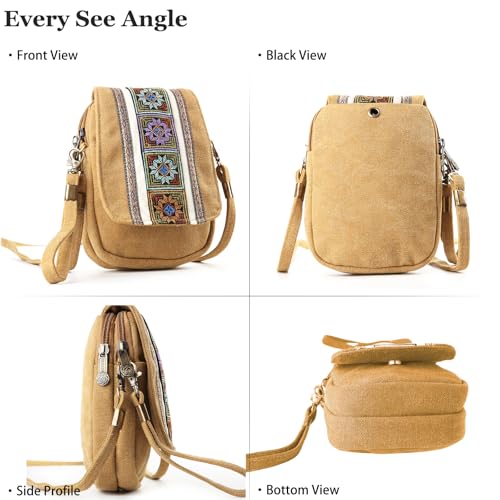 Goodhan Embroidery Canvas Crossbody Bag Cell phone Pouch Coin Purse for Women - color: Camelyellow