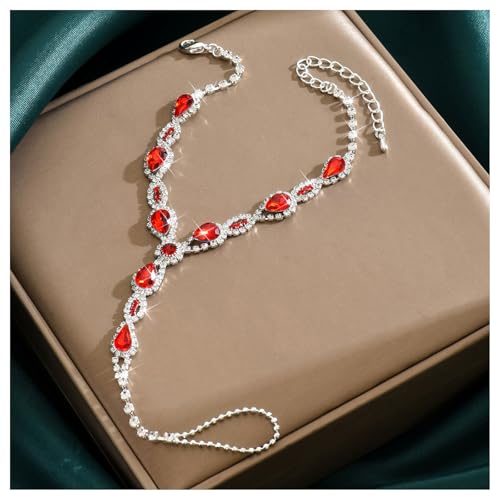 1Pair Rhinestone Tassel Anklet Barefoot Sandals Foot Chain with Toe Ring Summer Beach Crystal Hand Chain Wedding Bridal Sparkling Foot Jewelry for Women Prom - color: Red