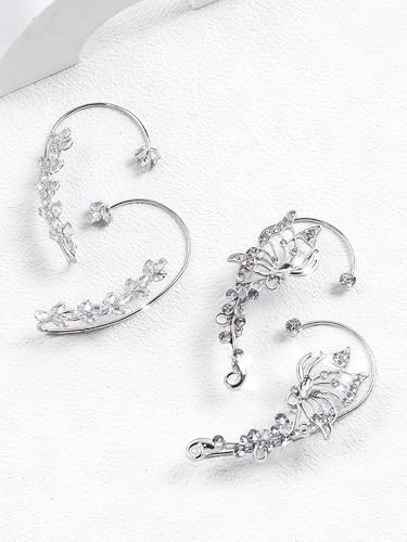 2Pcs Rhinestone Butterfly Earrings Ear Cuffs Non-Pierced Fake Earrings Butterfly Climber Wrap Around Earring Dainty Adjustable Ear Clip Jewelry for Women - color: StyleB-2 Pairs-Silver